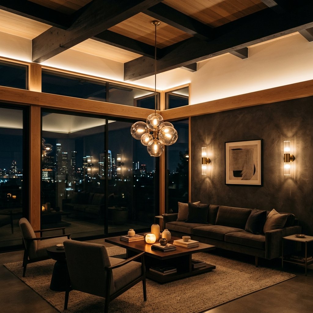 Living room showcasing layered ambient lighting and architectural sconces