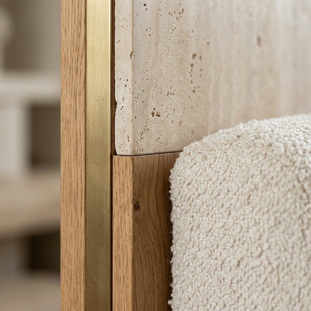 Detailed view of natural timber grain, marble and woven upholstery samples
